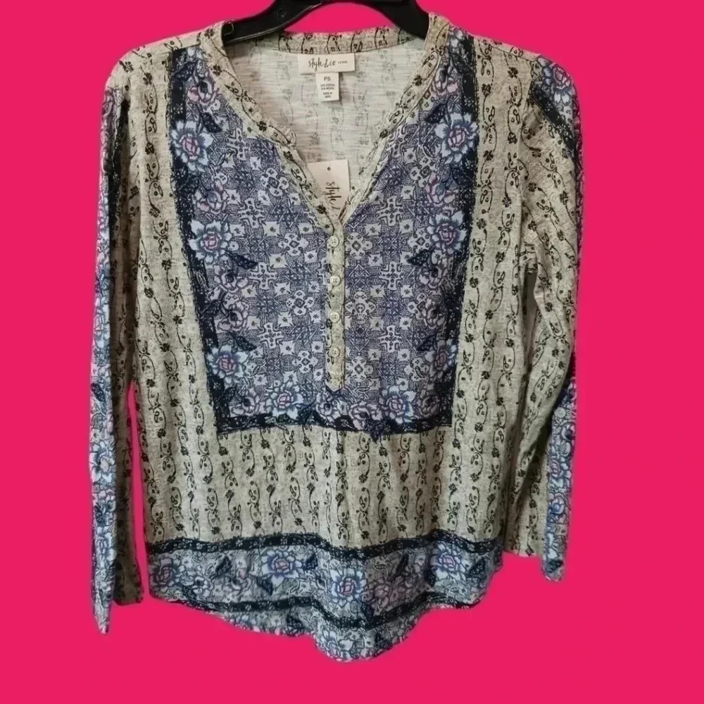Style & co printed split neck peasant top size PS blue tang sand
